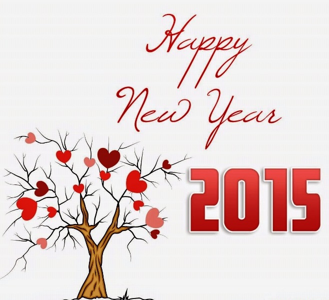 Happy New Year 2015 With Tree And Hearts